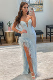 Sheath Sweetheart Light Blue Sequins Long Prom Dress with Feather