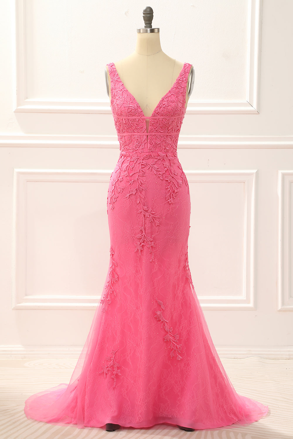 Chiclody Women Hot Pink Mermaid Prom Dress with Appliques V-neck Party ...