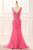 Hot Pink Tulle Mermaid Prom Dress with Appliques