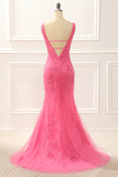 Hot Pink Tulle Mermaid Prom Dress with Appliques