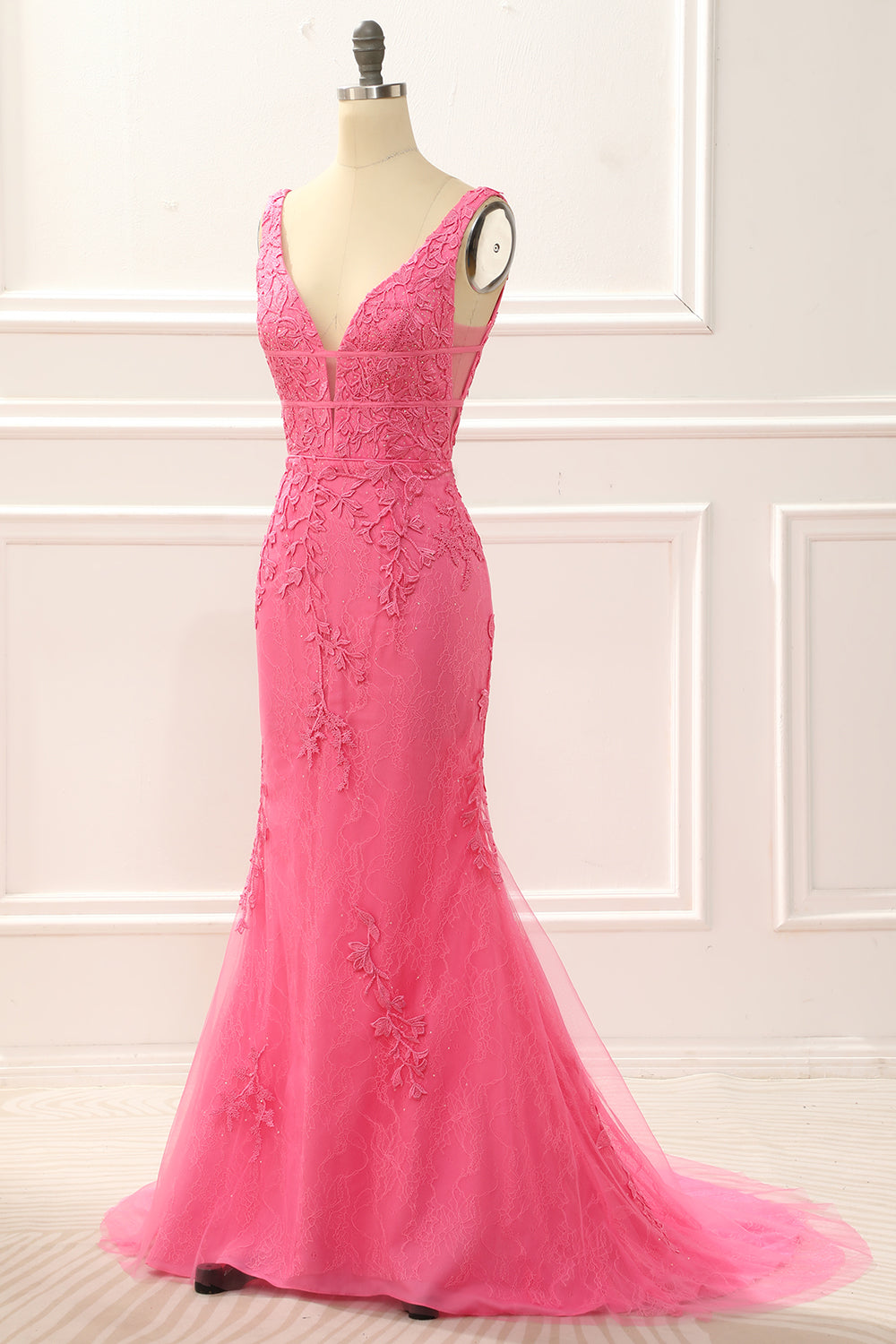 Hot Pink Tulle Mermaid Prom Dress with Appliques