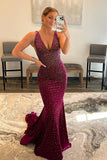 Sparkly Fuchsia Beaded Backless Mermaid Long Prom Dress