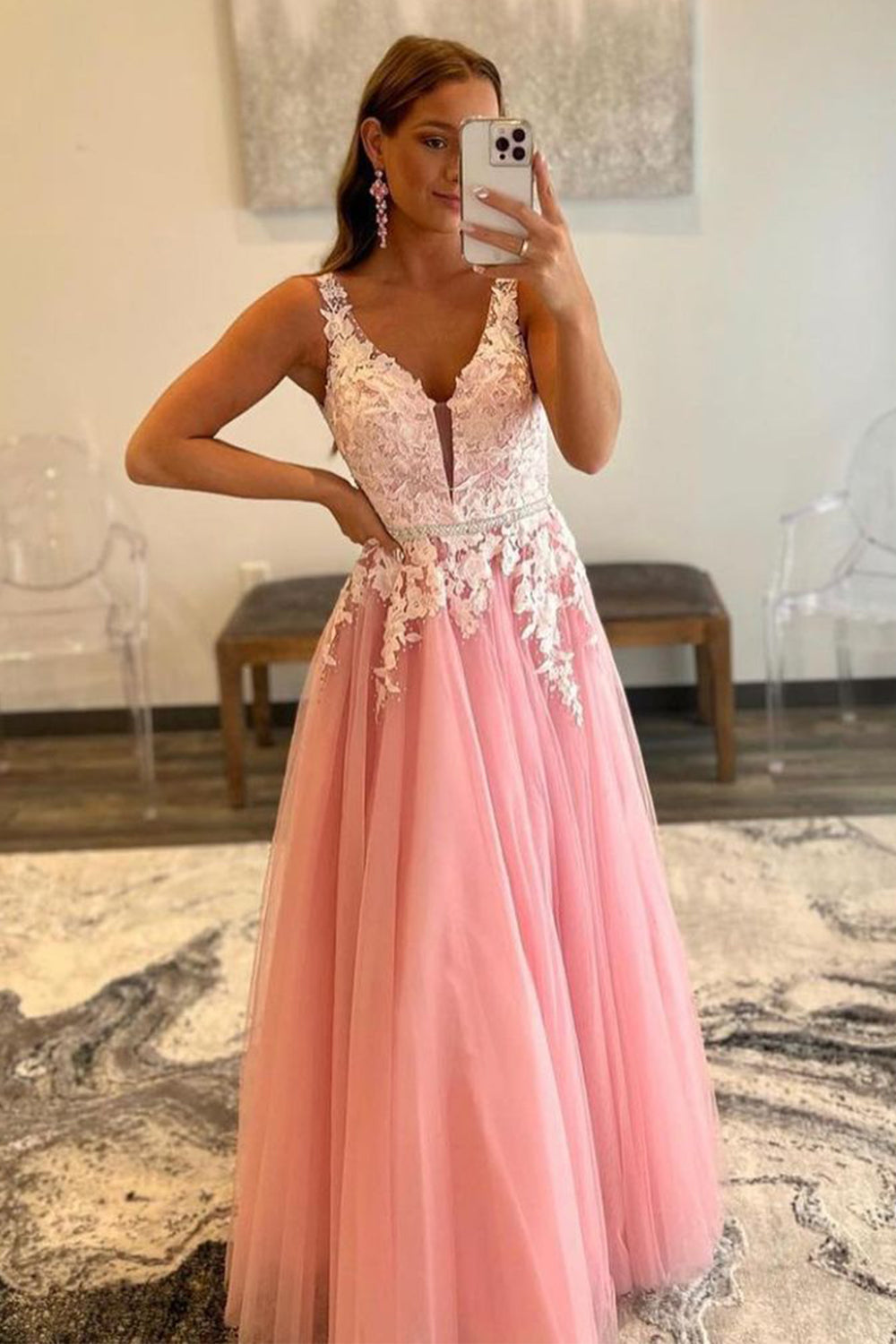 Pink A-Line Appliques Tulle Prom Dress