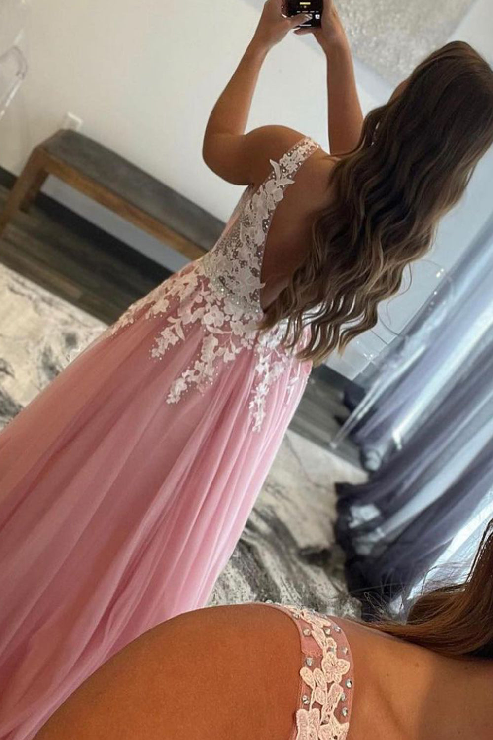 Pink A-Line Appliques Tulle Prom Dress