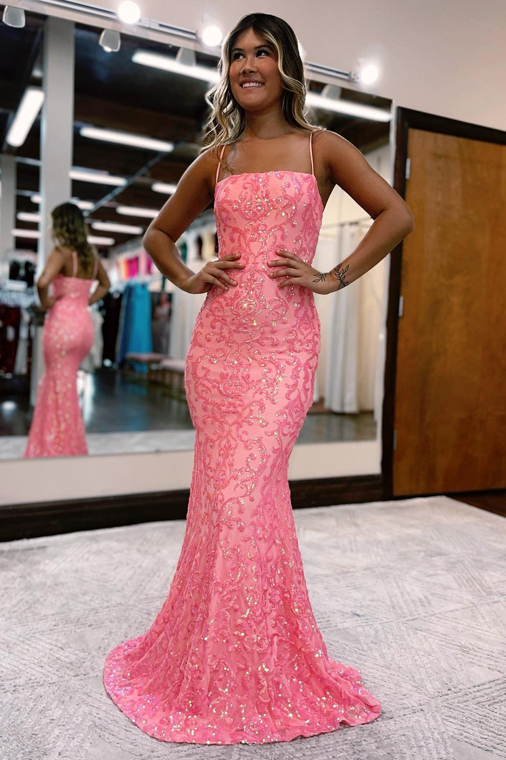 Blush Sequins Embroidery Spaghetti Straps Mermaid Prom Dress