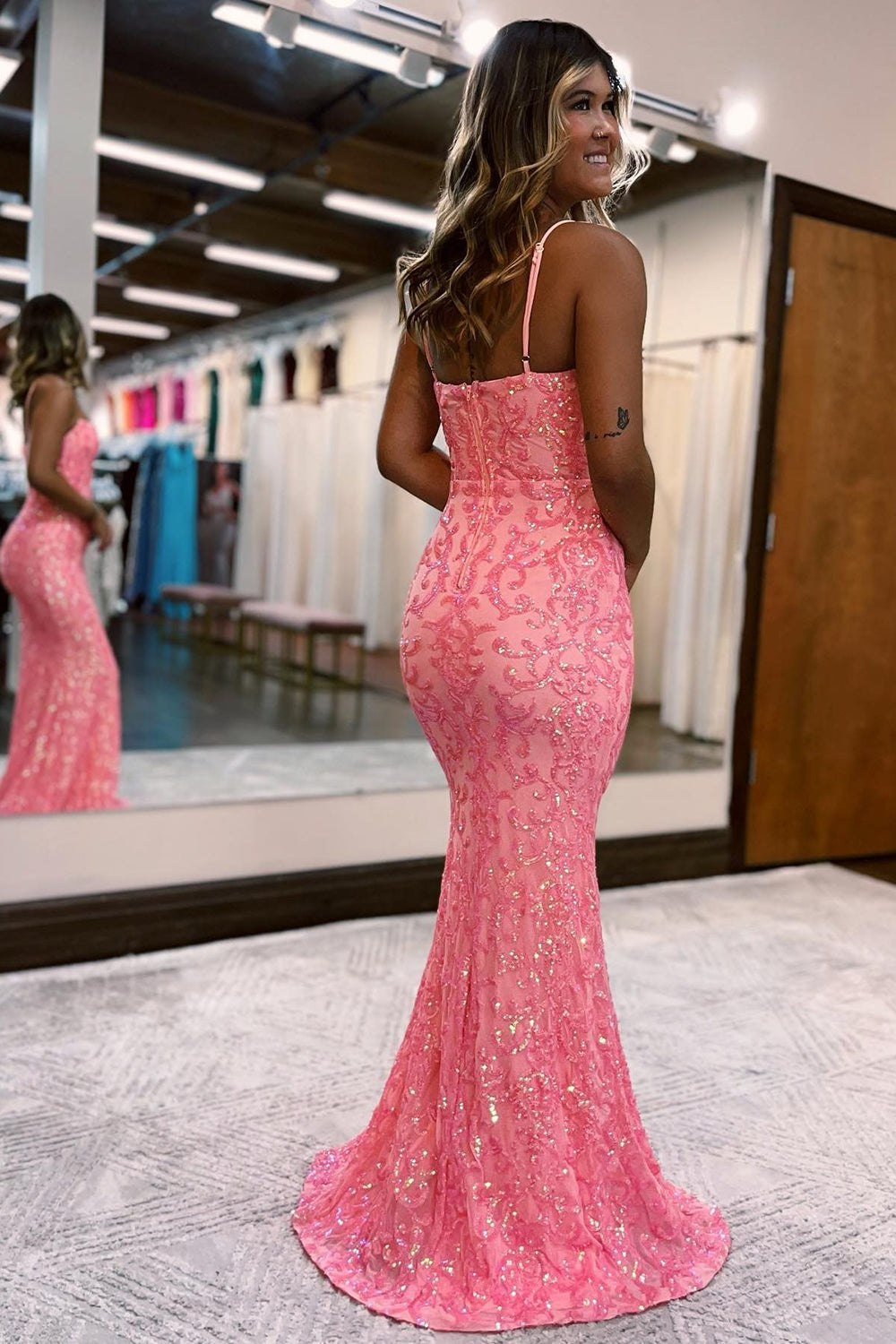 Blush Sequins Embroidery Spaghetti Straps Mermaid Prom Dress