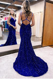 Sparkly Blue Mermaid Sequins Long Backless Prom Dress