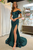 Blue Off Shoulder Mermaid Prom Dress with Slit