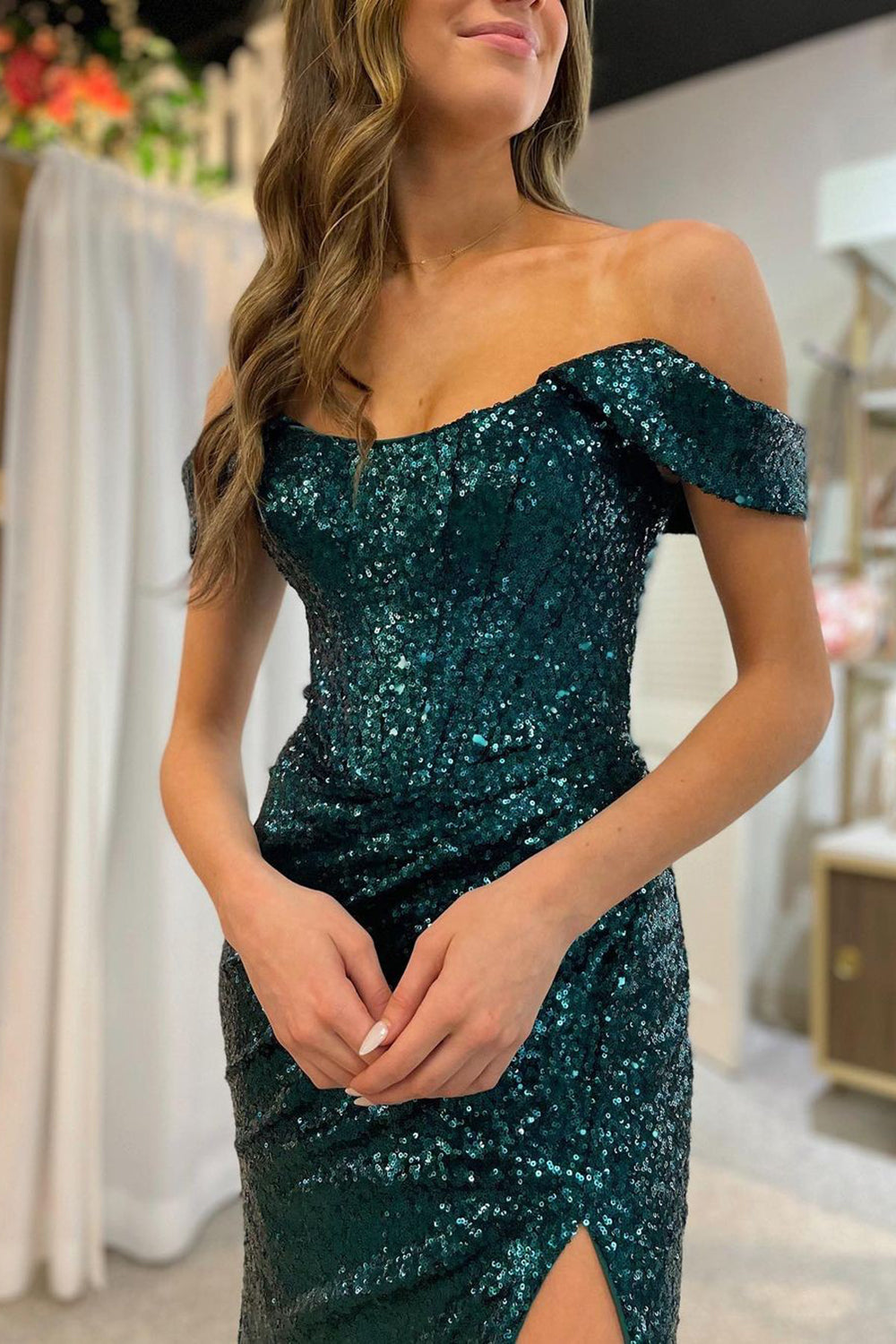 Blue Off Shoulder Mermaid Prom Dress with Slit