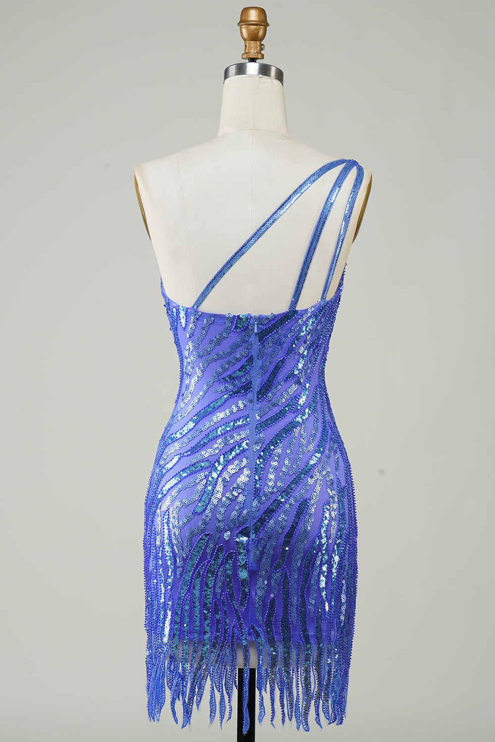 One Shoulder Blue Sequins Glitter Homecoming Dress with Tassel