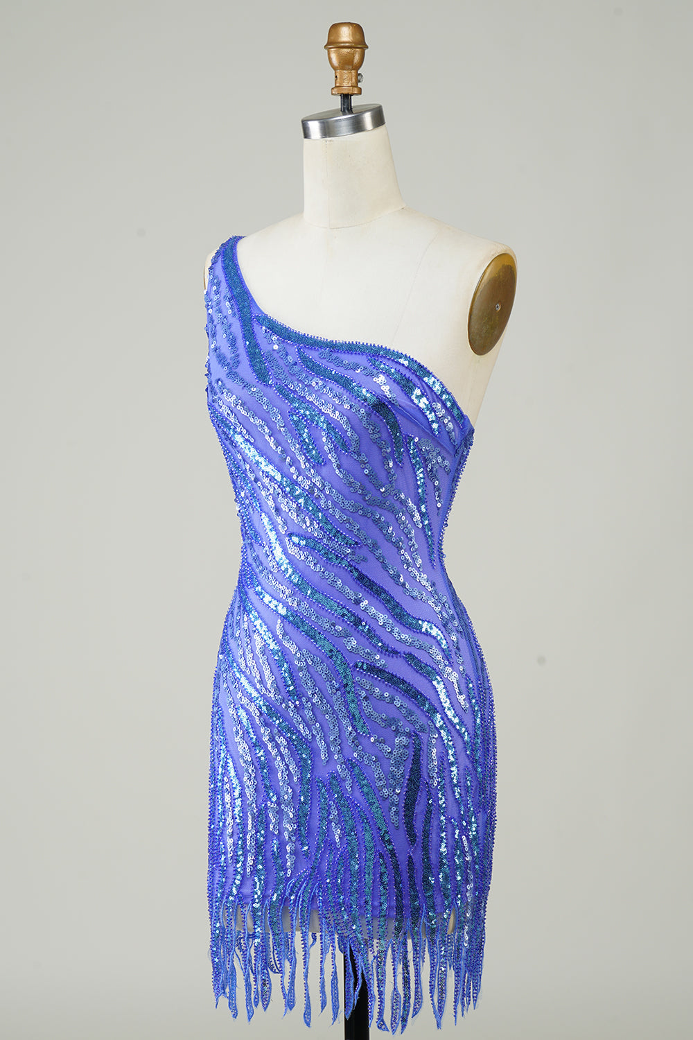 One Shoulder Blue Sequins Glitter Homecoming Dress with Tassel