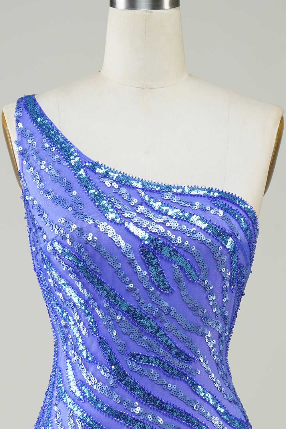 One Shoulder Blue Sequins Glitter Homecoming Dress with Tassel