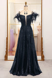 Glitter Black A Line Corset Long Prom Dress With Feather