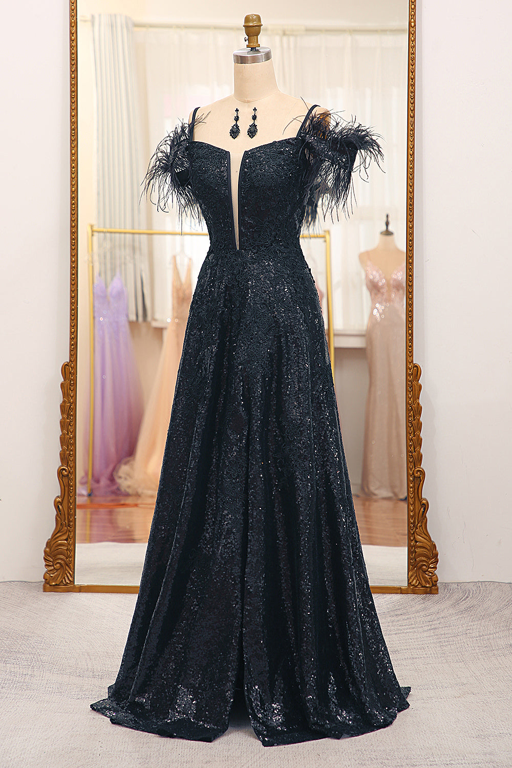 Glitter Black A Line Corset Long Prom Dress With Feather