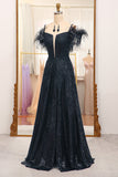 Glitter Black A Line Corset Long Prom Dress With Feather