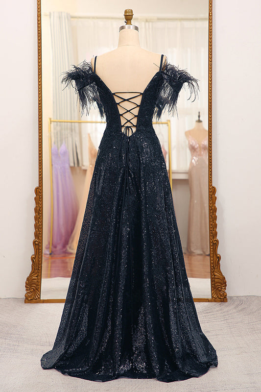 Glitter Black A Line Corset Long Prom Dress With Feather