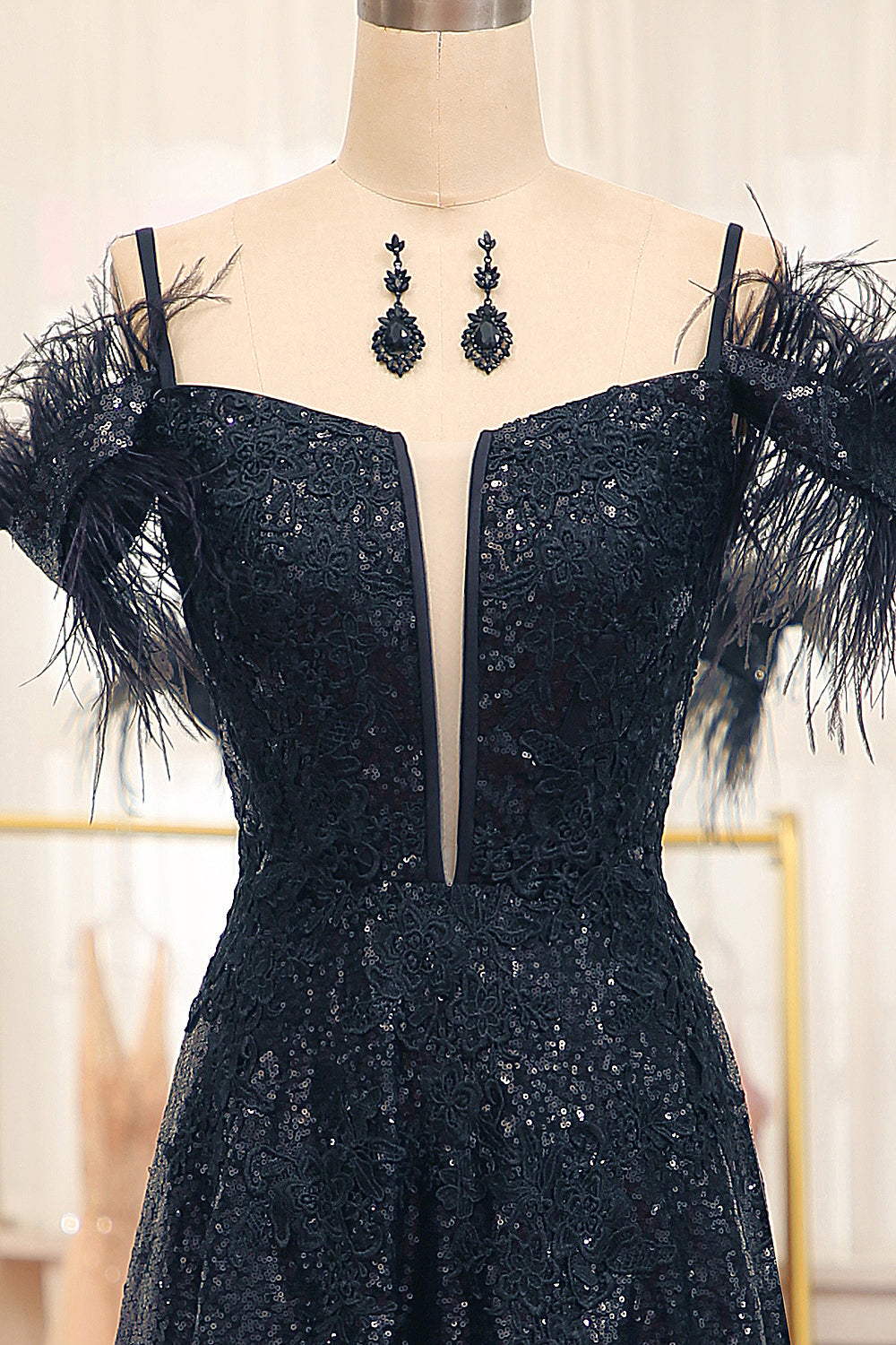 Glitter Black A Line Corset Long Prom Dress With Feather