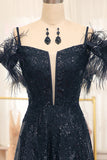 Glitter Black A Line Corset Long Prom Dress With Feather