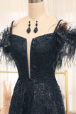 Glitter Black A Line Corset Long Prom Dress With Feather