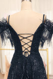 Glitter Black A Line Corset Long Prom Dress With Feather