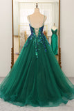 Dark Green A Line Tulle Long Prom Dress With Sparkly Sequined Appliques