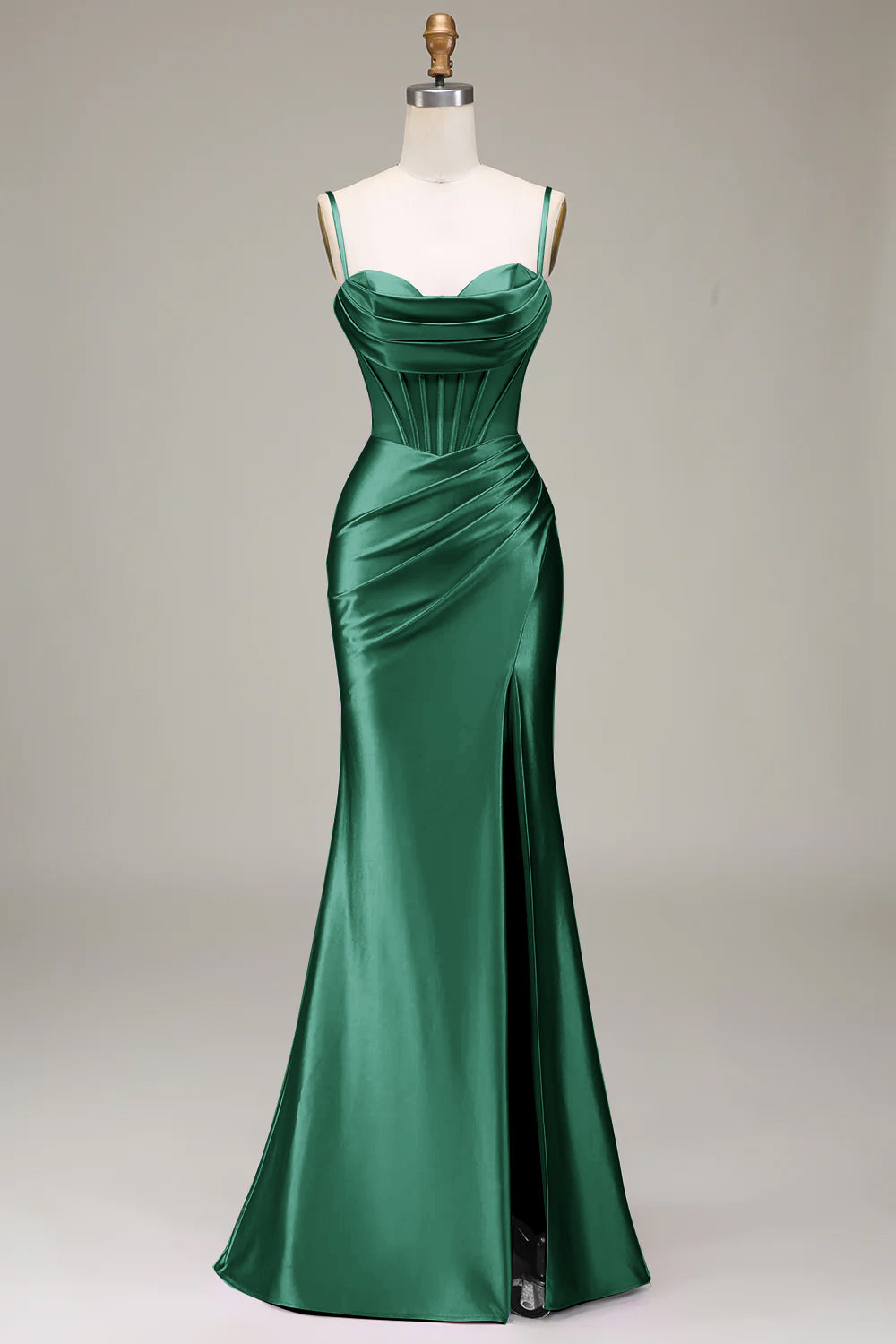 Satin Spaghetti Straps Dark Green Prom Dress with Corset