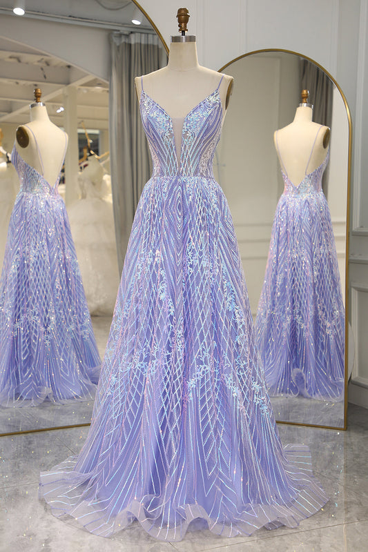 Sparkly Lilac A-Line Backless Long Prom Dress With Appliques