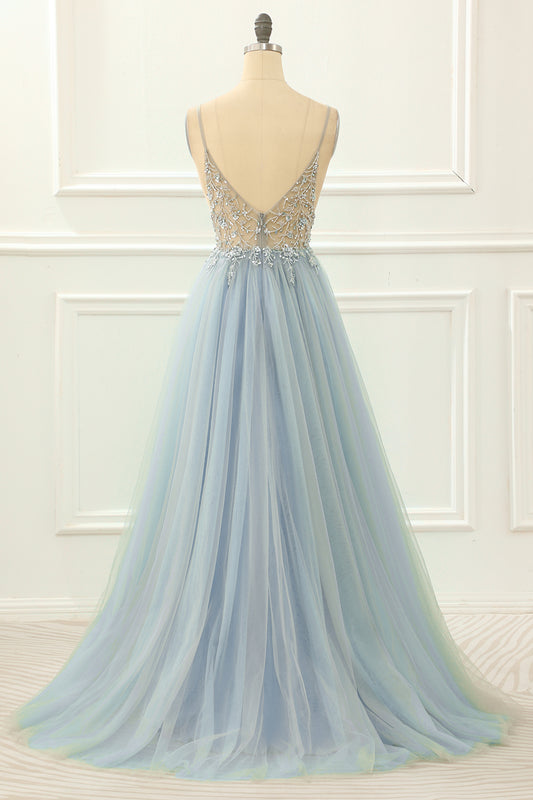 Blue Beading Tulle A Line Sparkly Prom Dress
