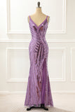 Purple V-neck Sparkly Prom Dress with Slit