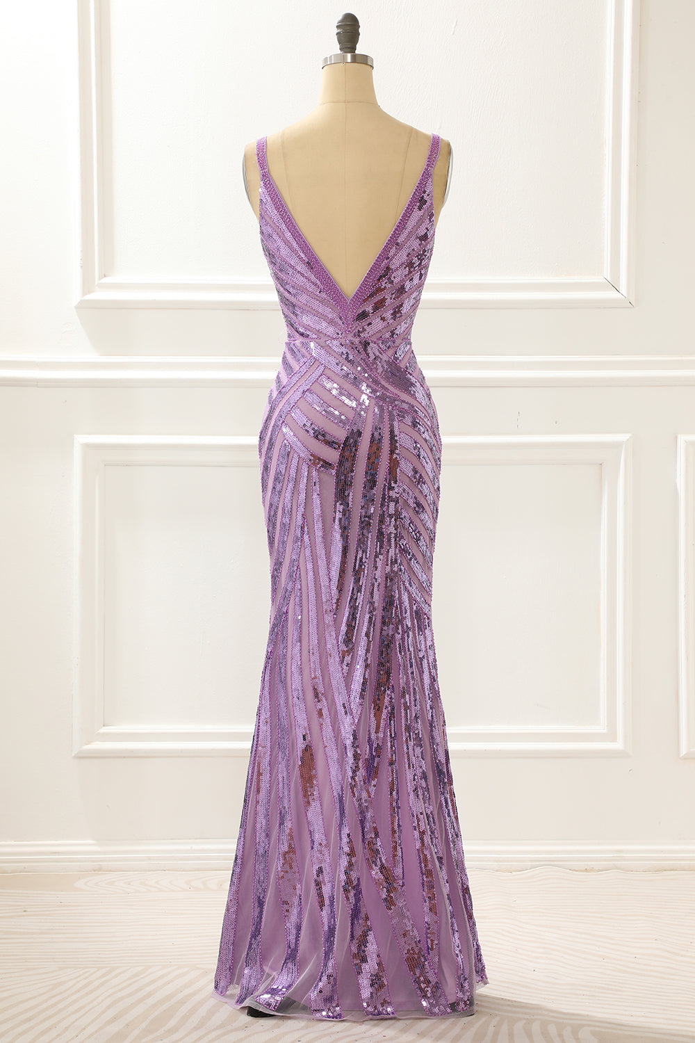 Purple V-neck Sparkly Prom Dress with Slit