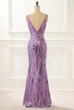 Purple V-neck Sparkly Prom Dress with Slit