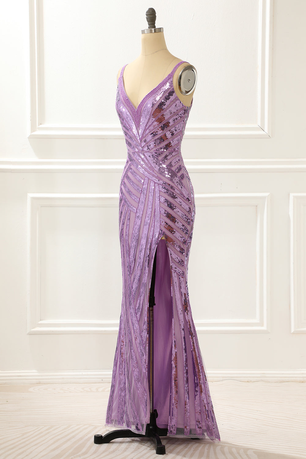 Purple V-neck Sparkly Prom Dress with Slit