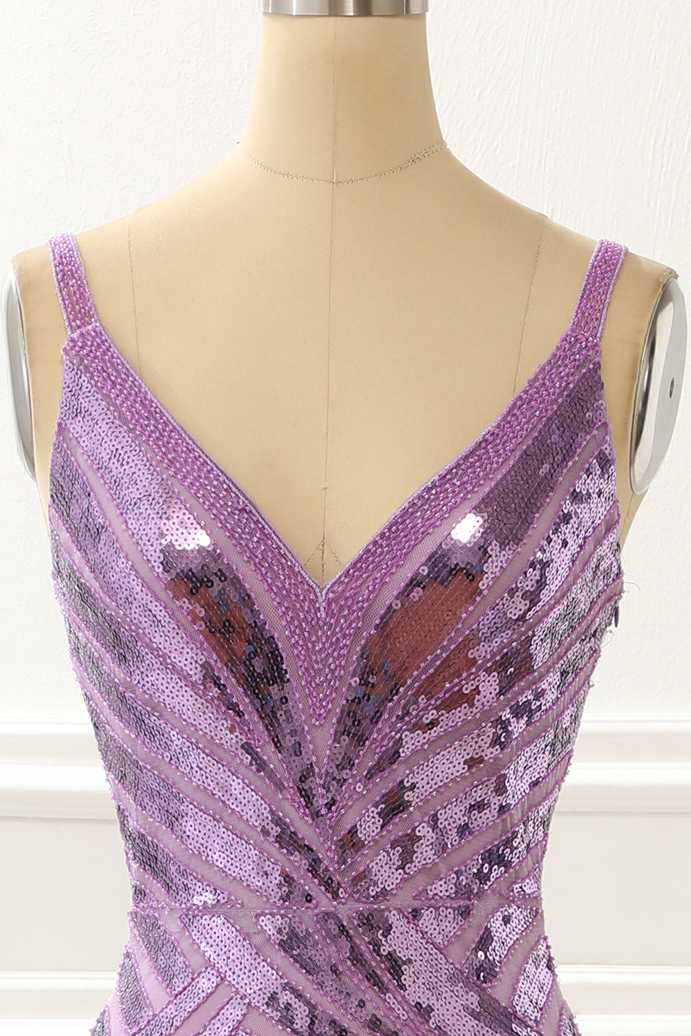 Purple V-neck Sparkly Prom Dress with Slit