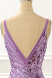 Purple V-neck Sparkly Prom Dress with Slit