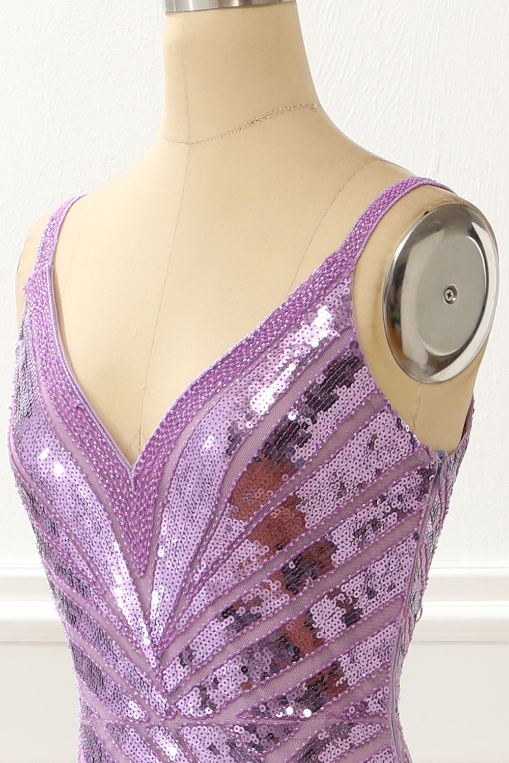 Purple V-neck Sparkly Prom Dress with Slit