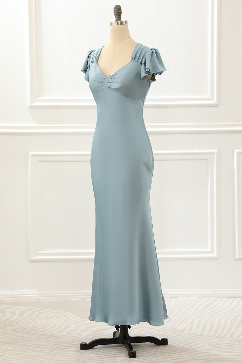 Blue Satin Simple Prom Dress with Ruffles