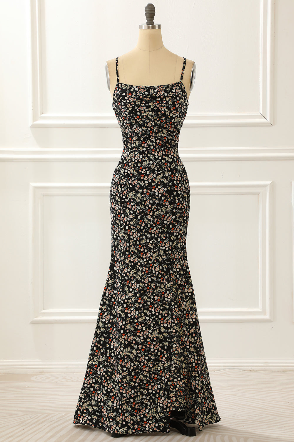 Black Spaghetti Straps Simple Prom Dress with Floral Print