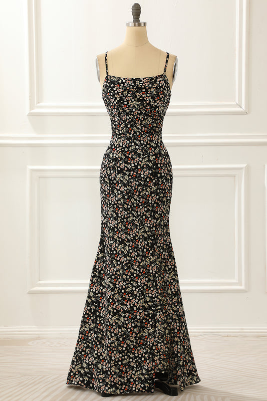 Black Spaghetti Straps Simple Prom Dress with Floral Print