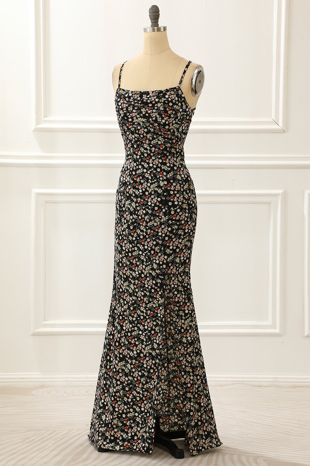 Black Spaghetti Straps Simple Prom Dress with Floral Print