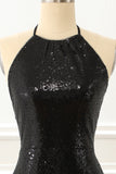 Black Halter Sequin Prom Dress with Slit