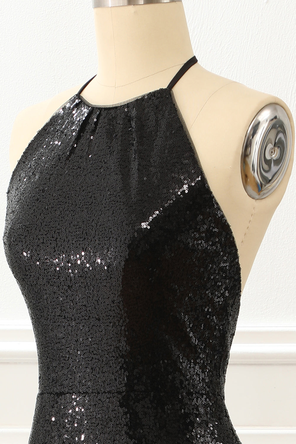 Black Halter Sequin Prom Dress with Slit