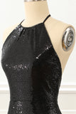 Black Halter Sequin Prom Dress with Slit