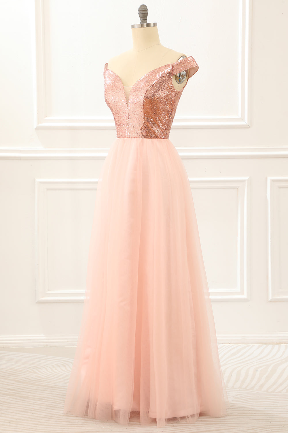 Off The Shoulder Blush Sequins Prom Dress