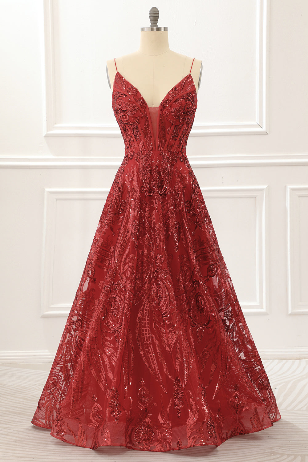 Spaghetti Straps Red Sparkly Corset Prom Dress