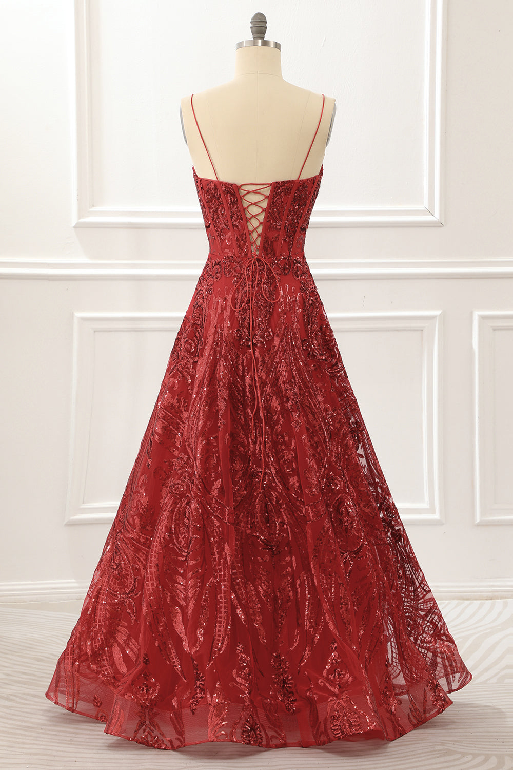 Spaghetti Straps Red Sparkly Corset Prom Dress