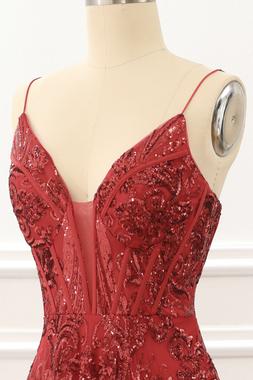 Spaghetti Straps Red Sparkly Corset Prom Dress