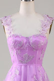 Purple A Line Square Neck Corset Prom Dress with 3D Butterflies