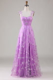 Purple A Line Square Neck Corset Prom Dress with 3D Butterflies