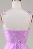 Purple A Line Square Neck Corset Prom Dress with 3D Butterflies