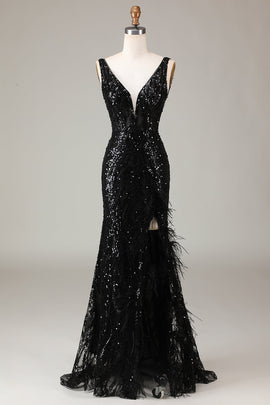 Black Sparkly Deep V-neck Mermaid Prom Dress with Feathers